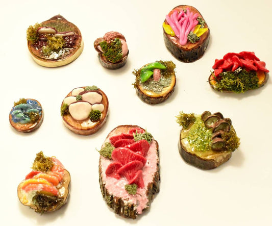 Mushroom Sculptures with Real Moss on Real Wood Slices Polymer Clay Epoxy Resin